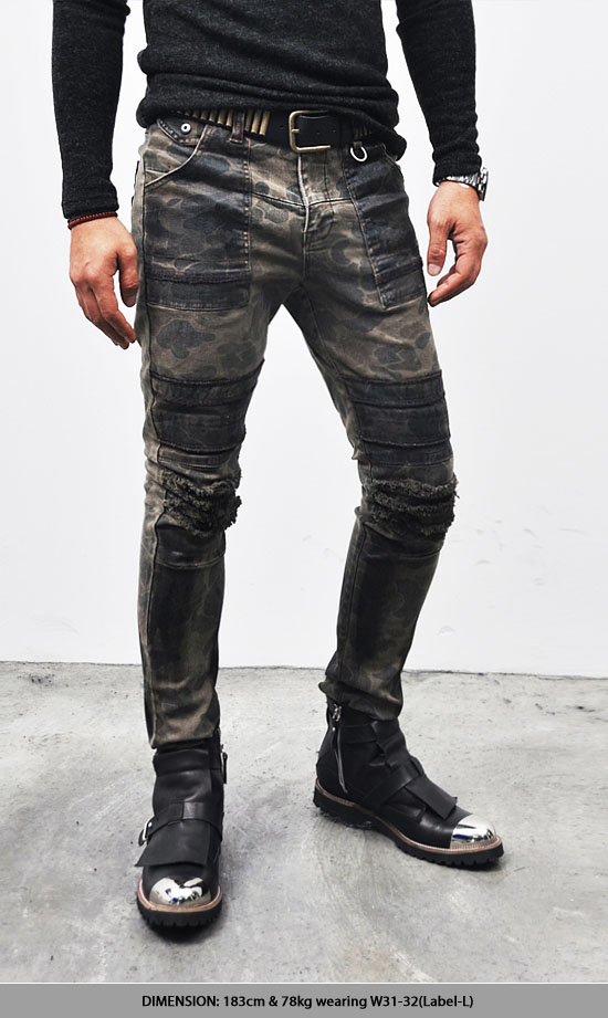 Re) Mens Hardcore Wax Coated Grunge Camo BikerJeans 108 Fast Fashion Mens Clothes Online